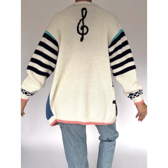 90s vintage music theme musical notes teacher novelty embroidered knit cardigan - Picture 8 of 11